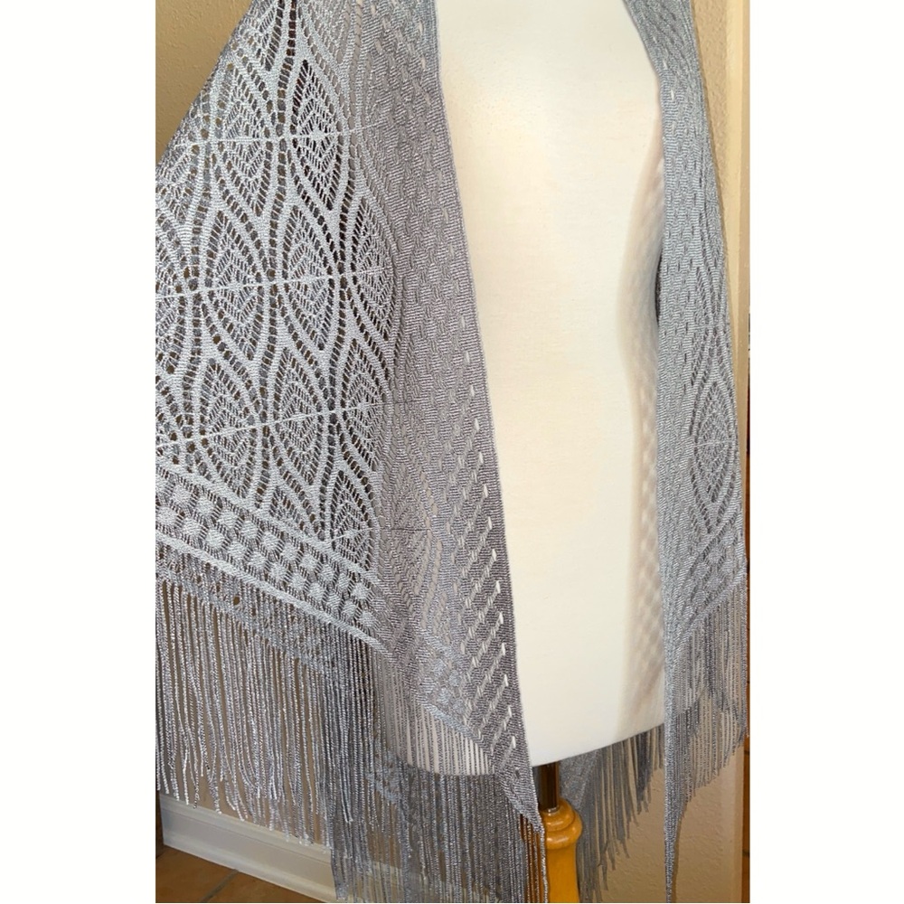 Shawl - Silver / Gray Color - Lace Looking - Fringe - Long - Worn Once - EUC